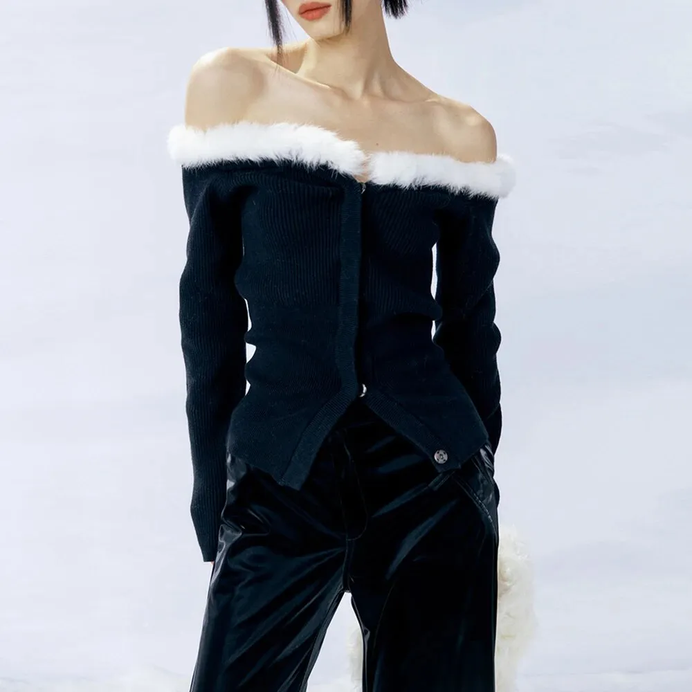 Patchwork Feathers Sweaters For Women Slash Neck Long Sleeve Slim Single Breasted Sweater Female Autumn Fashion