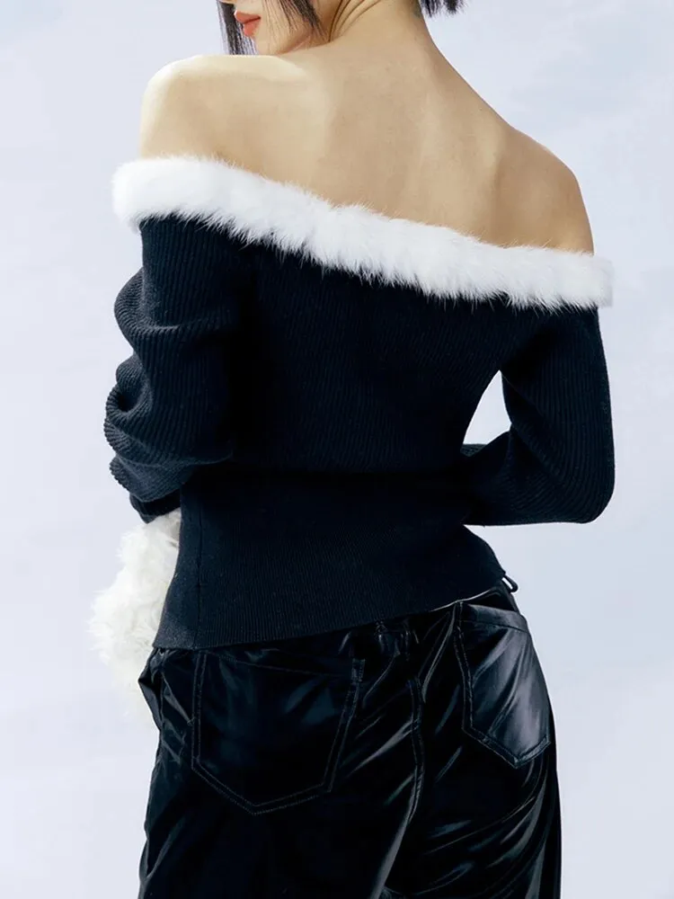 Patchwork Feathers Sweaters For Women Slash Neck Long Sleeve Slim Single Breasted Sweater Female Autumn Fashion