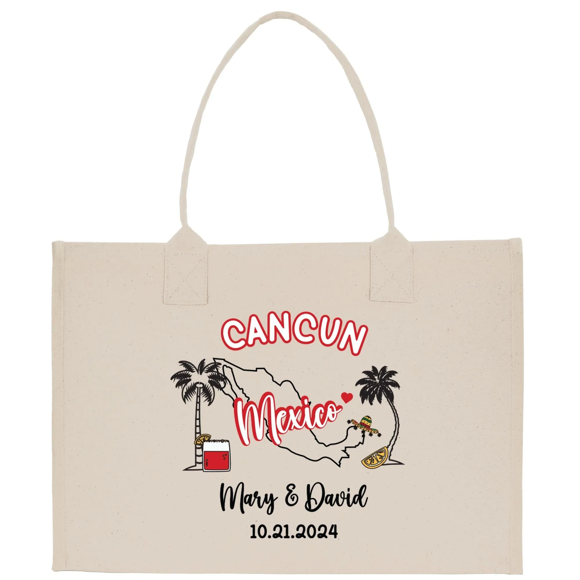 Personalized Name Date Mexico Cotton Canvas Tote Bag Custom Cancun Trip Bag Mexico Wedding Welcome Bag Party Favor Bags (MXTB1006)