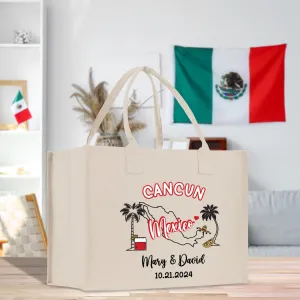 Personalized Name Date Mexico Cotton Canvas Tote Bag Custom Cancun Trip Bag Mexico Wedding Welcome Bag Party Favor Bags (MXTB1006)