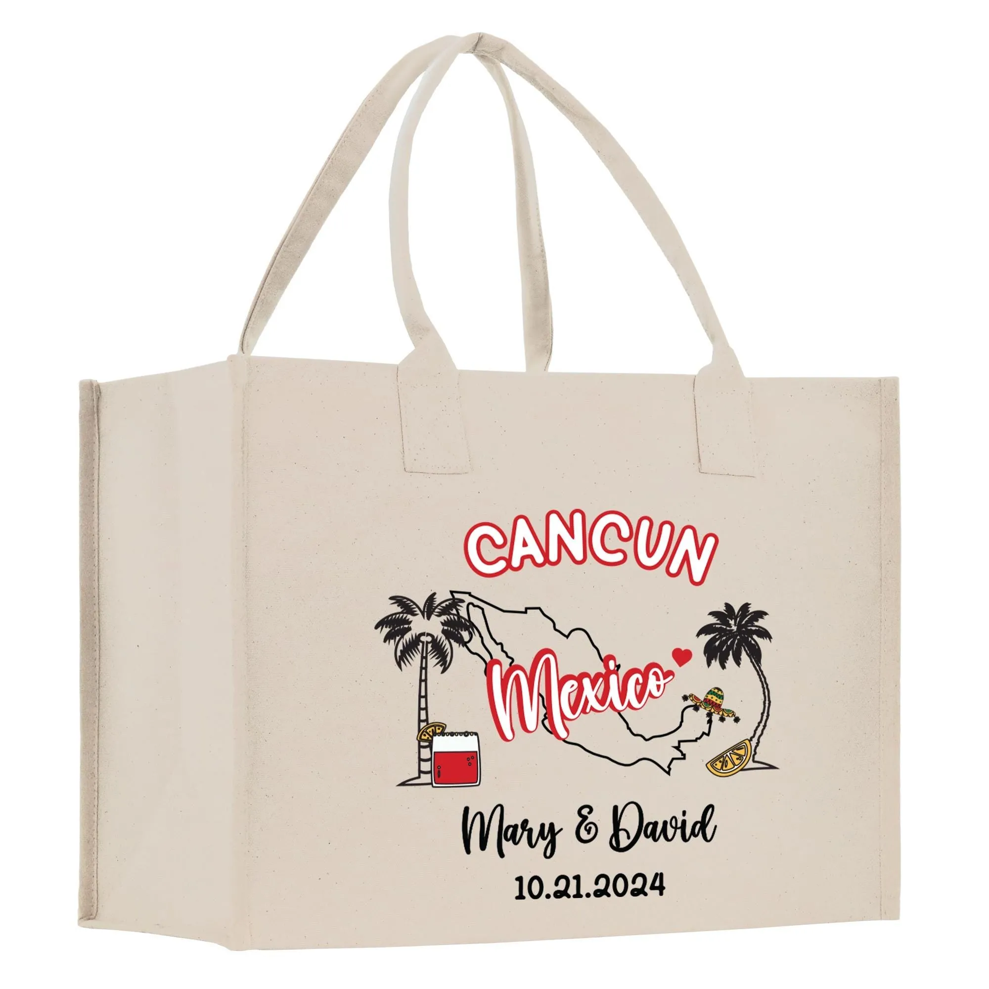 Personalized Name Date Mexico Cotton Canvas Tote Bag Custom Cancun Trip Bag Mexico Wedding Welcome Bag Party Favor Bags (MXTB1006)