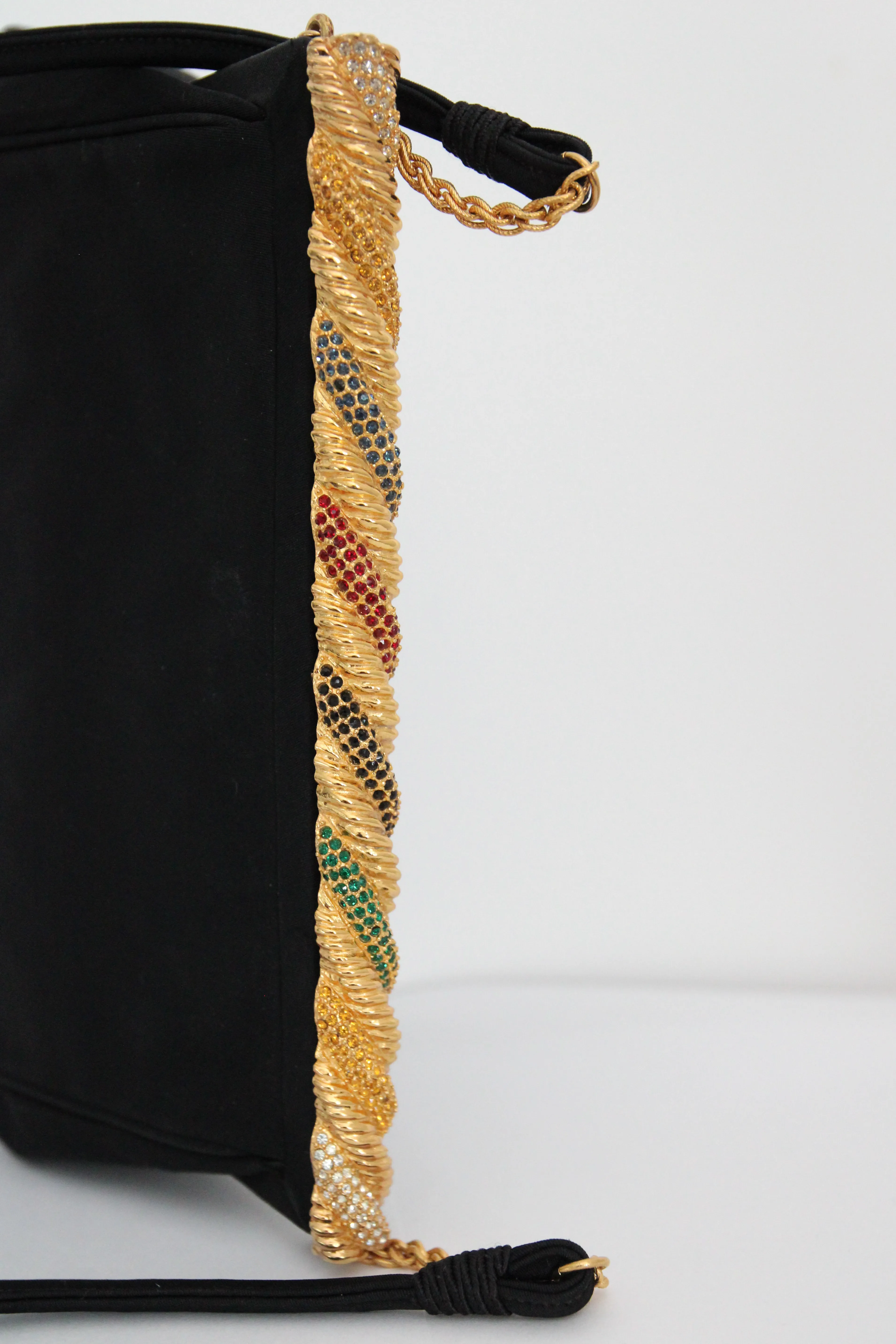"Twisted Rhinestone Clasp" Vintage 1950's Black & Gold Rhinestone Embellished Handbag