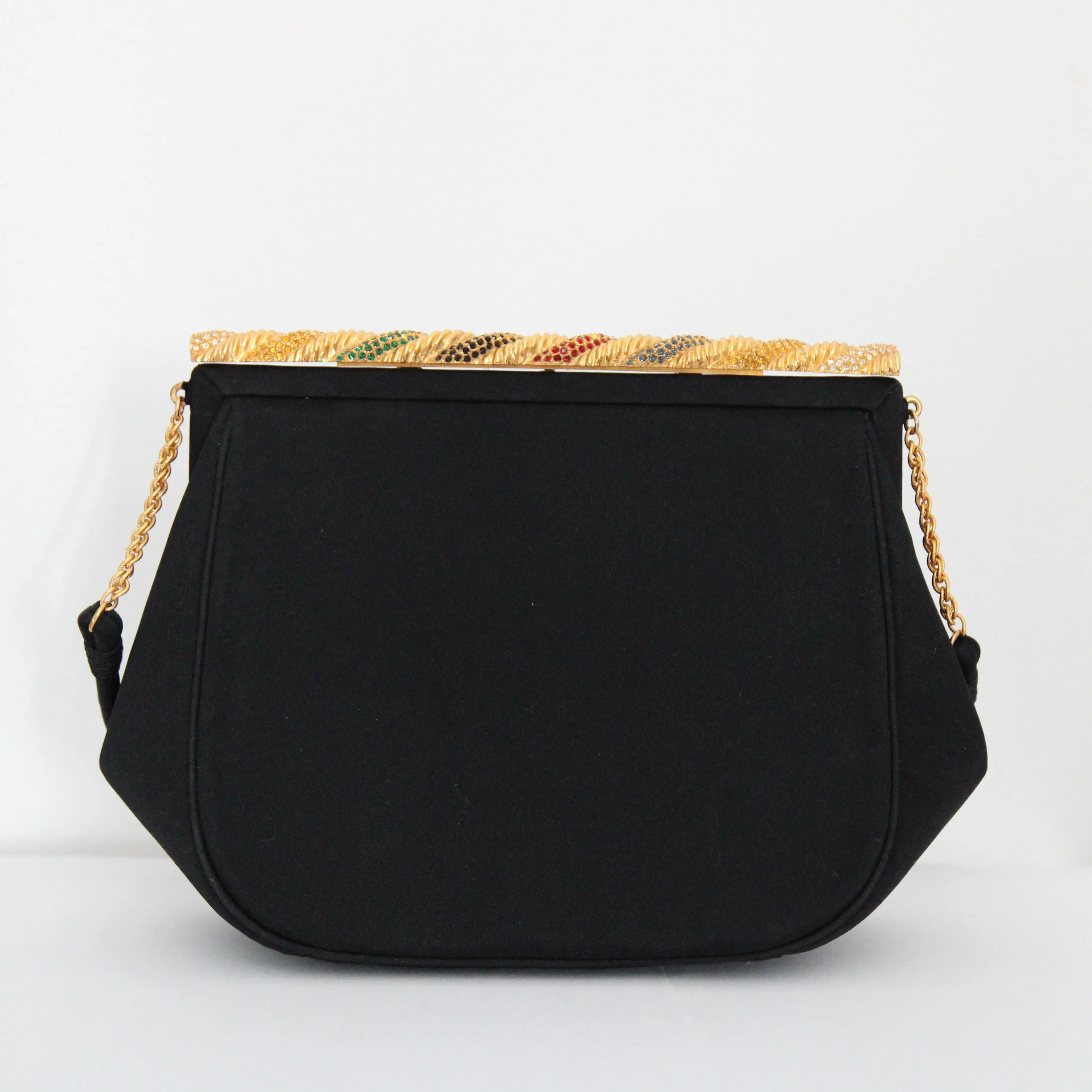 "Twisted Rhinestone Clasp" Vintage 1950's Black & Gold Rhinestone Embellished Handbag