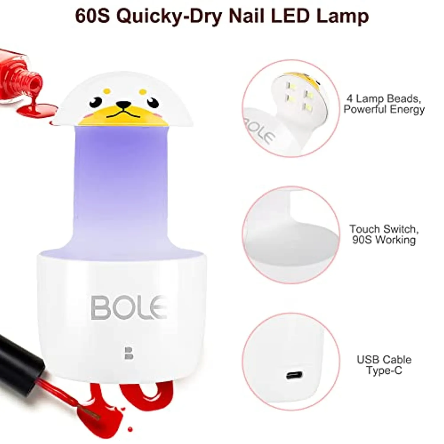 QUUREN Mini LED Nail Lamp, UV LED Light Nail Light Gel Nail Lamp 5W Nail Polish Dryer Mini Nail UV Lamp for Nail Glue Gel / Gel Polish / Poly Extension Gel with Type-C Cable for Single Finger (Puppy)