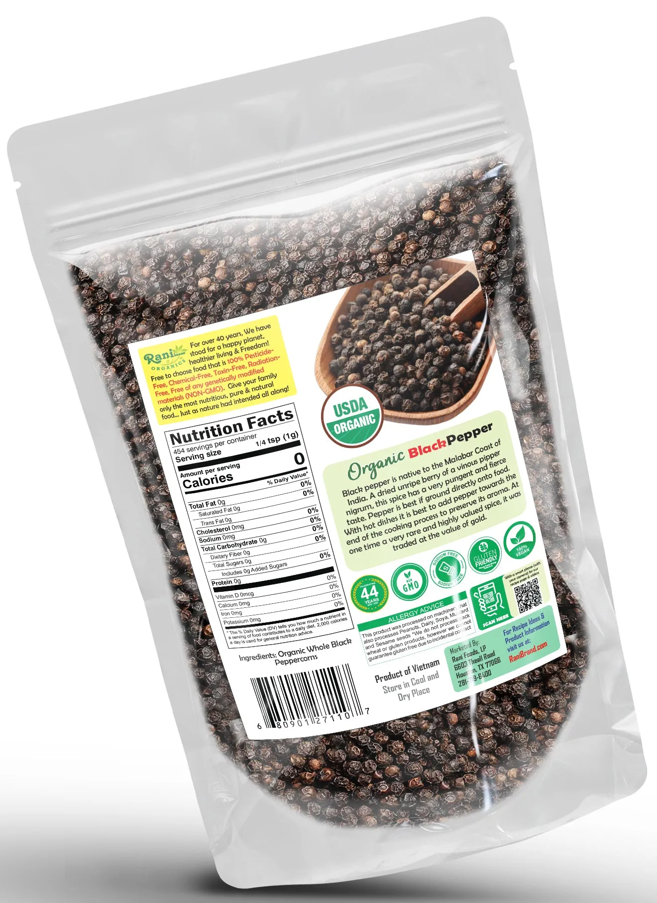 Rani Organic Black Pepper Whole (Peppercorns), Premium Indian MG-1 Grade 16oz (1lb) 454g ~ All Natural | Gluten Friendly | Non-GMO | USDA Certified Organic | Perfect Size for Grinders!