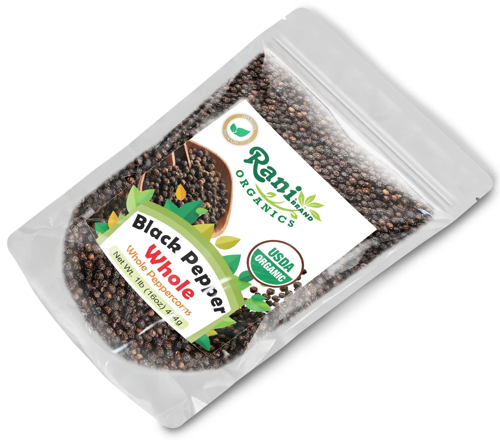 Rani Organic Black Pepper Whole (Peppercorns), Premium Indian MG-1 Grade 16oz (1lb) 454g ~ All Natural | Gluten Friendly | Non-GMO | USDA Certified Organic | Perfect Size for Grinders!