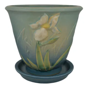 Roseville Iris Blue 1938 Vintage Art Pottery Ceramic Flower Pot Planter 648-5