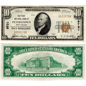 Scarce 1929 Type 1 $10 First National Bank of Peterstown, WV Charter 9721 - Very Fine