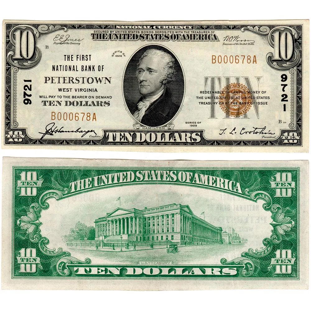 Scarce 1929 Type 1 $10 First National Bank of Peterstown, WV Charter 9721 - Very Fine