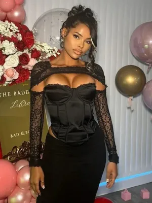 Sexy Black Corset Tops Ladies Shirt Hollow Out Slash Neck Lace Satin Patchwork Blouse Long Sleeve Women C95-DD12