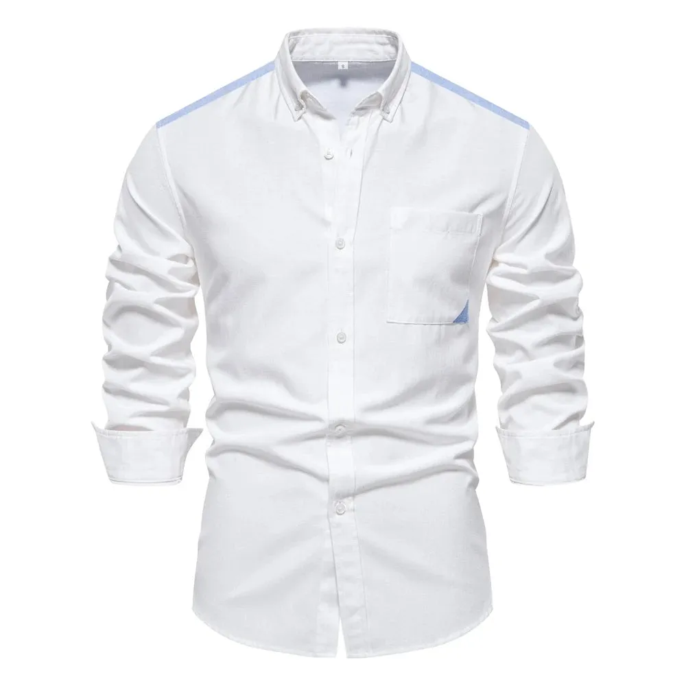Spring Patchwork Oxford Shirt for Men Casual Wear Cotton Blend Pocket Mens Shirts