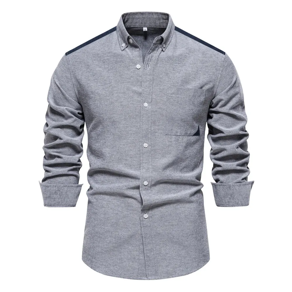 Spring Patchwork Oxford Shirt for Men Casual Wear Cotton Blend Pocket Mens Shirts