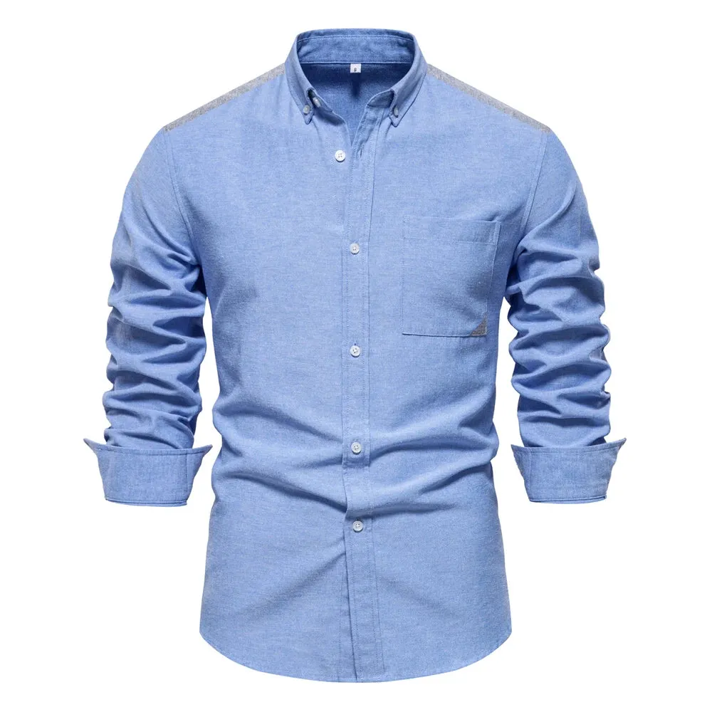 Spring Patchwork Oxford Shirt for Men Casual Wear Cotton Blend Pocket Mens Shirts