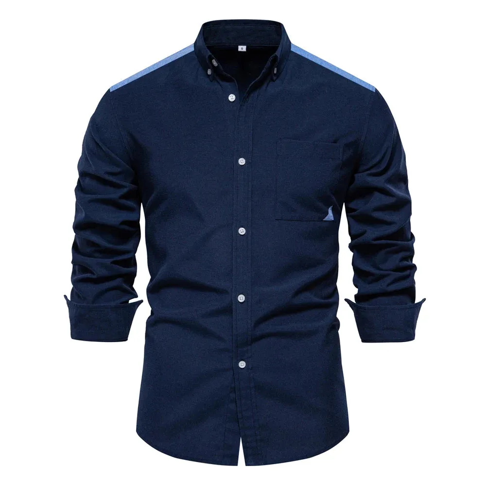 Spring Patchwork Oxford Shirt for Men Casual Wear Cotton Blend Pocket Mens Shirts