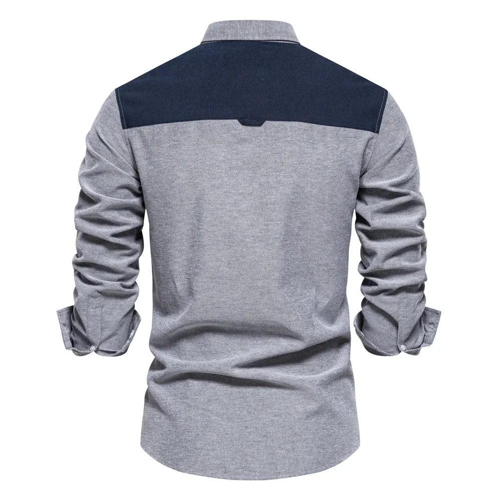 Spring Patchwork Oxford Shirt for Men Casual Wear Cotton Blend Pocket Mens Shirts