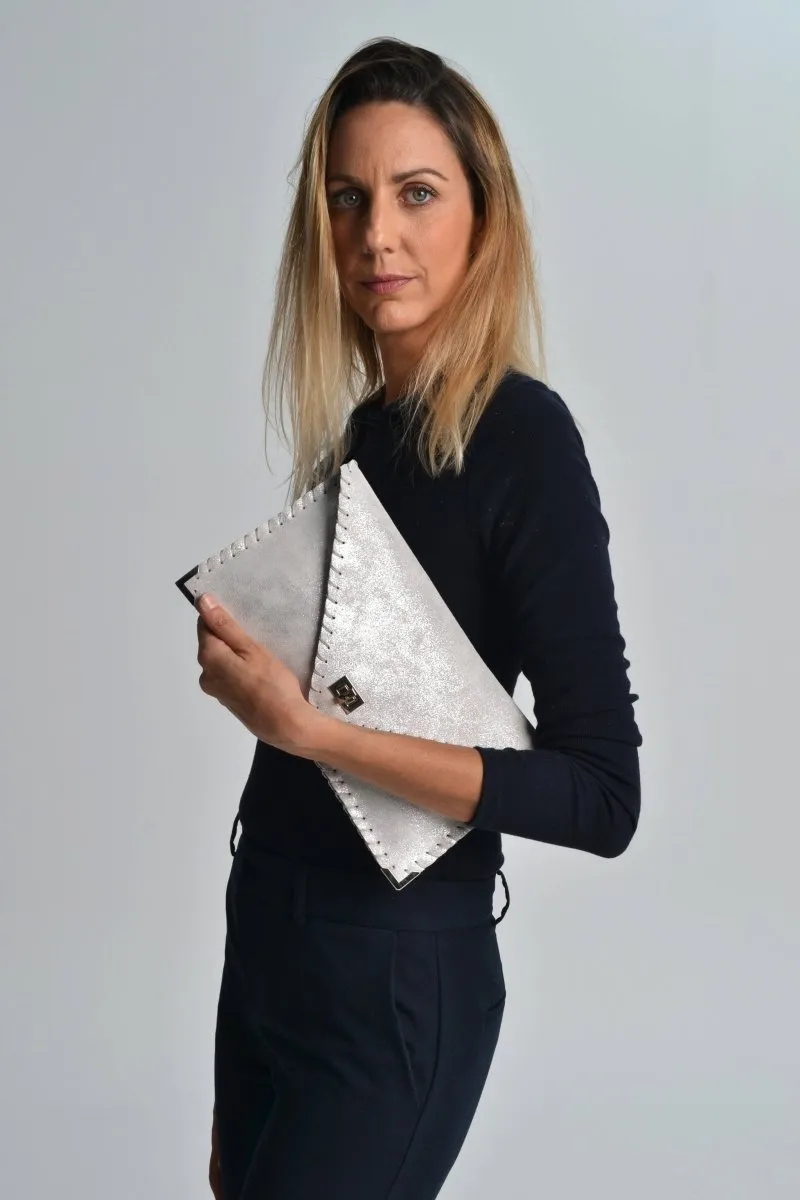 Symmetria leather sparkling clutch in silver