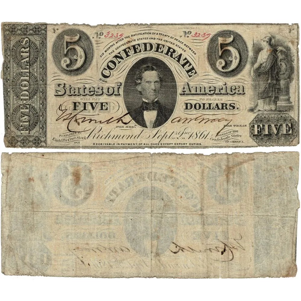 T-34 Sep. 2nd 1861 $5 CSA PF-2/Cr.262A [R8] - Apparent Very Good