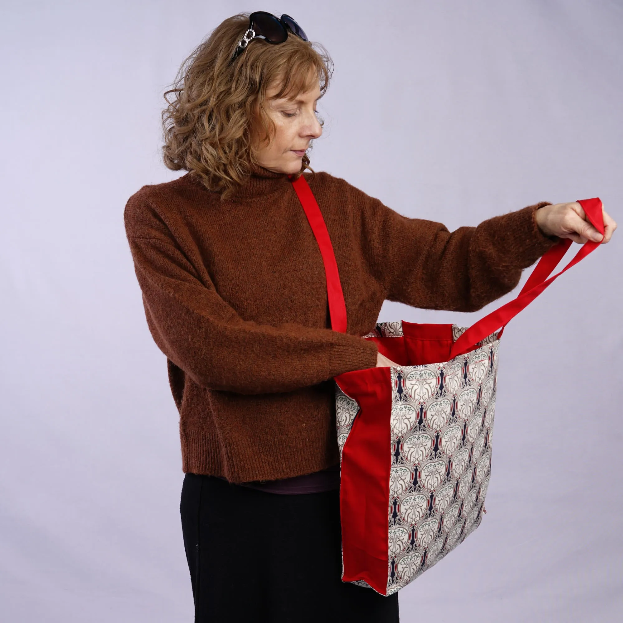 Tote Bag Canvas Lined Red Blue & White Art Nouveau Print Shoulder Bag