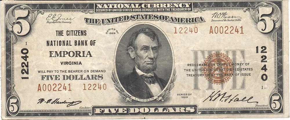 Tough 1929 T.2 $5 Citizens National Bank of Emporia, VA Charter 12240 ~ Very Fine