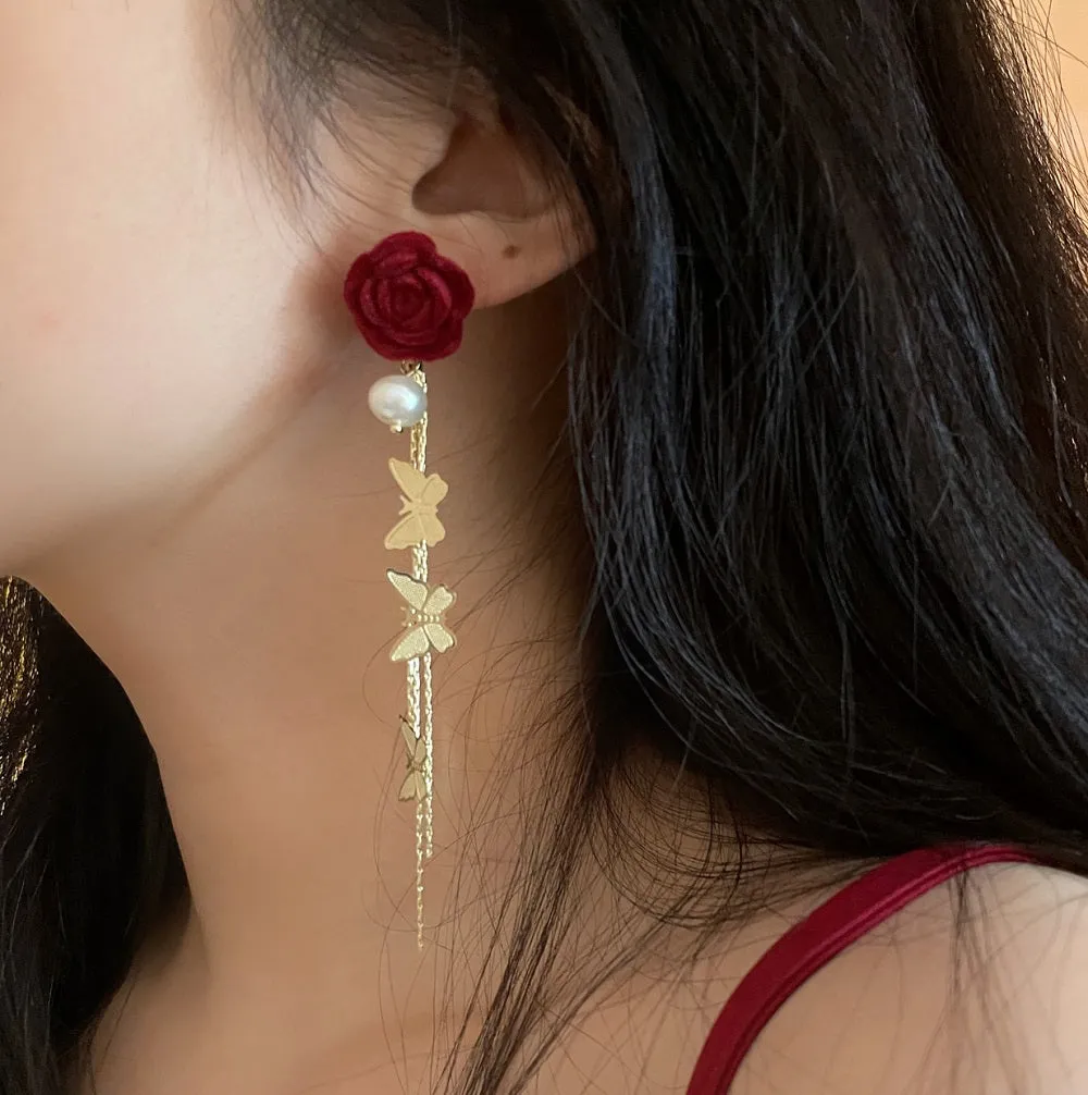 Velvet Red Rose Flower Floral Butterfly Pearl Earrings