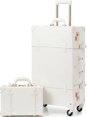 Vintage Style 2pc White Spinner Wheel Luggage Suitcase Set