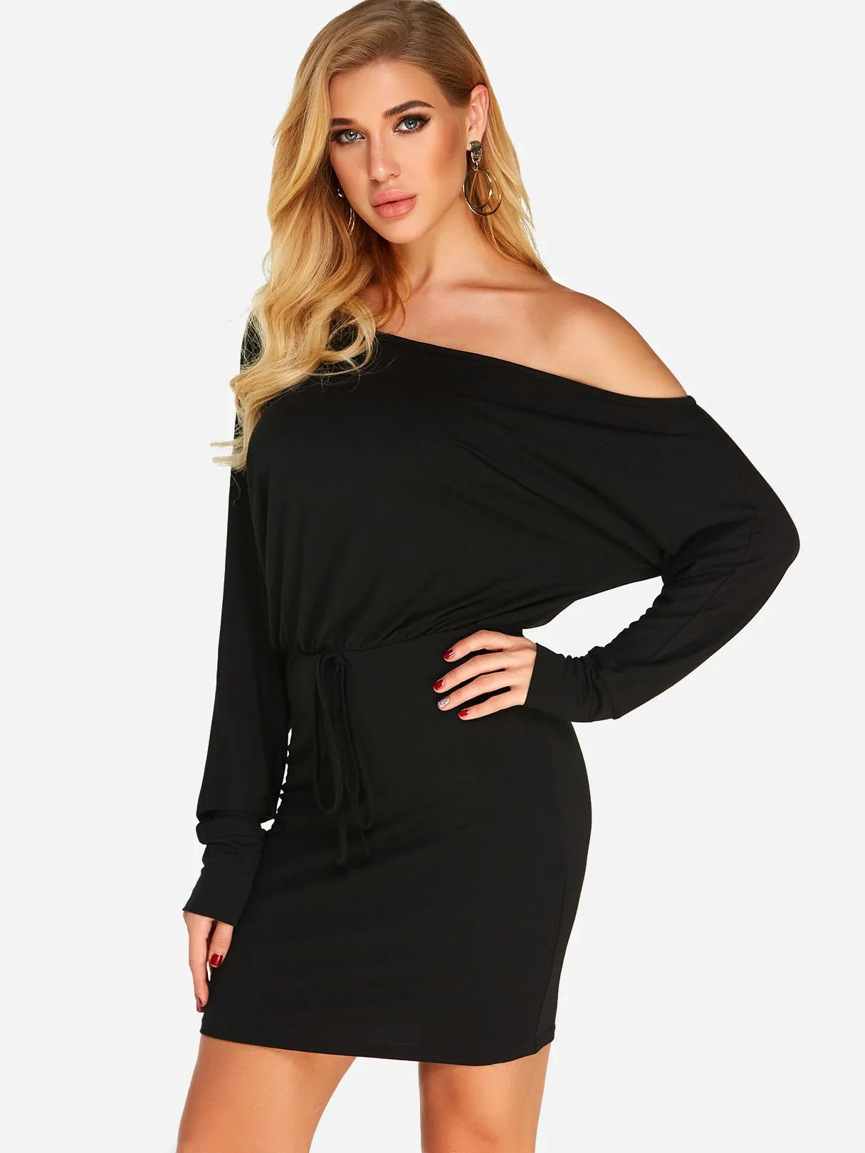 Wholesale Black One Shoulder Long Sleeve Plain Mini Dresses