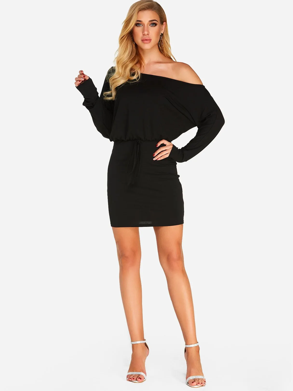 Wholesale Black One Shoulder Long Sleeve Plain Mini Dresses