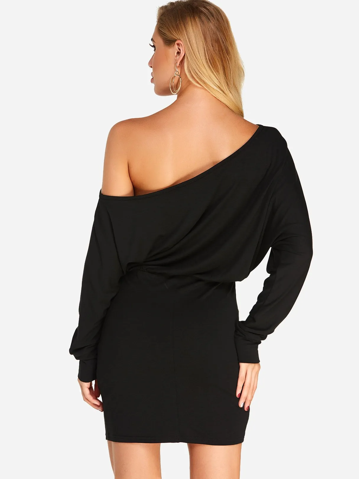 Wholesale Black One Shoulder Long Sleeve Plain Mini Dresses