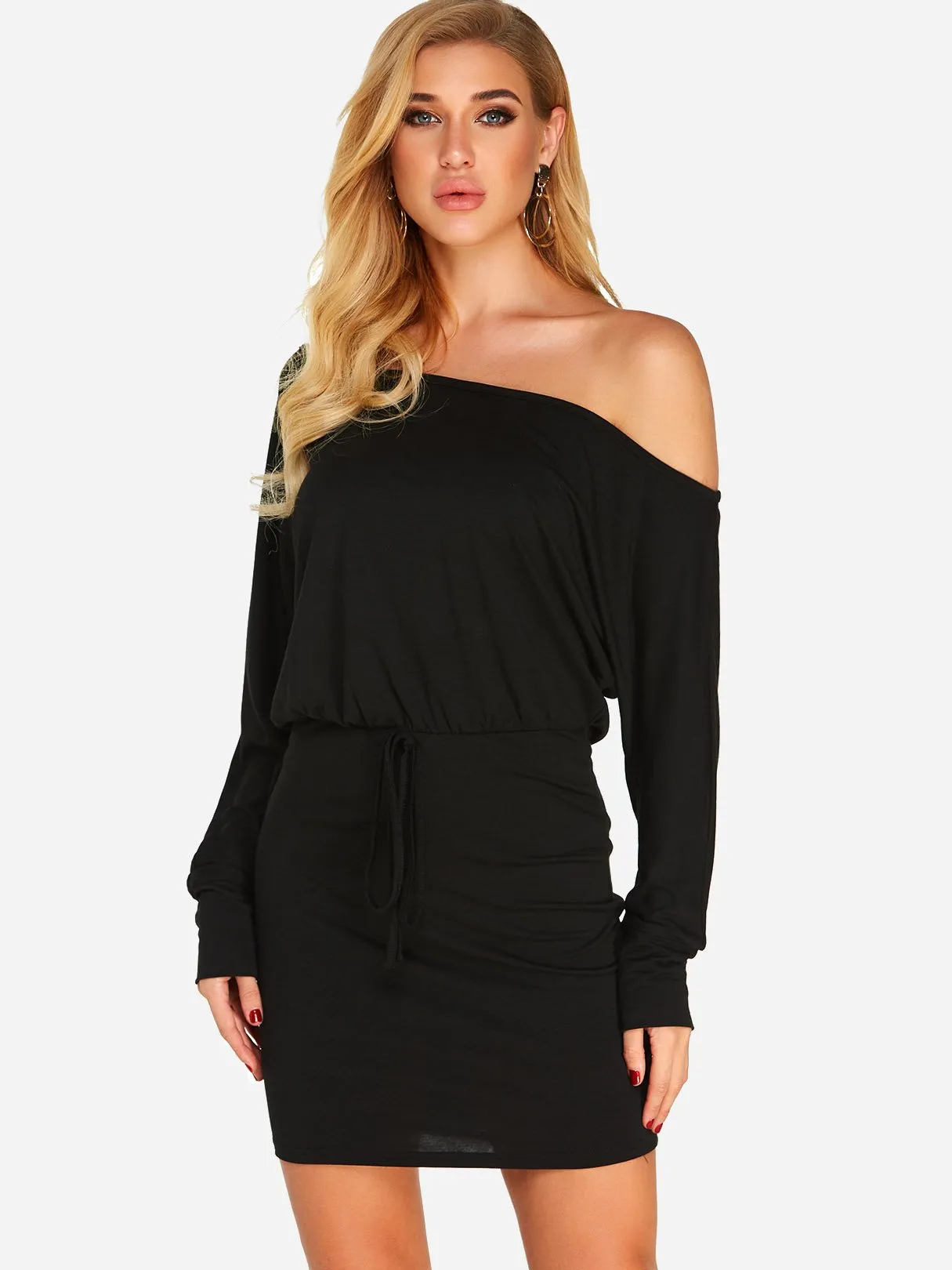 Wholesale Black One Shoulder Long Sleeve Plain Mini Dresses