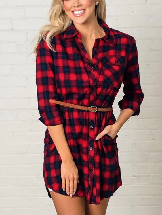 Wholesale Classic Collar Grid Side Pockets Long Sleeve Curved Hem Red Mini Dress