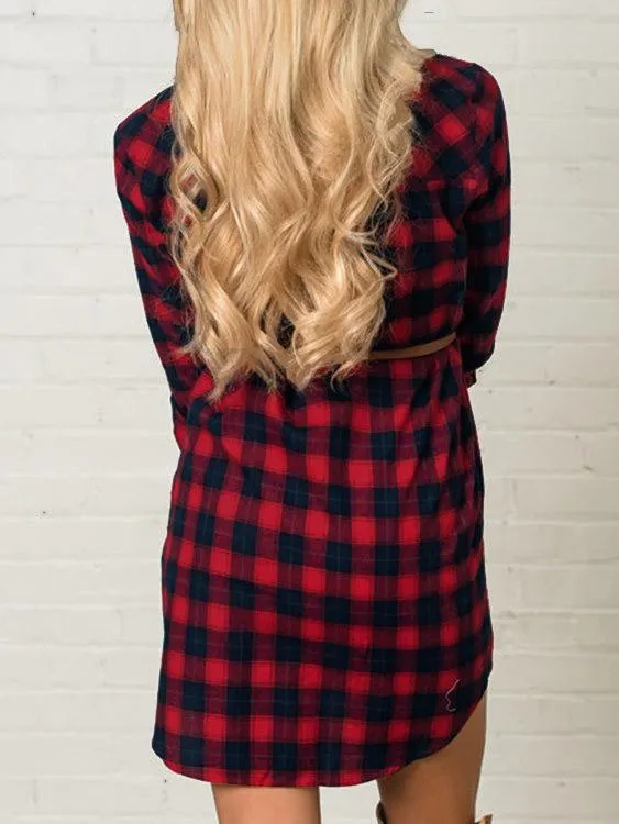 Wholesale Classic Collar Grid Side Pockets Long Sleeve Curved Hem Red Mini Dress