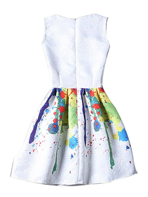 Wholesale Crew Neck Sleeveless Floral Print Zip Back Ruffle Hem Mini Dress