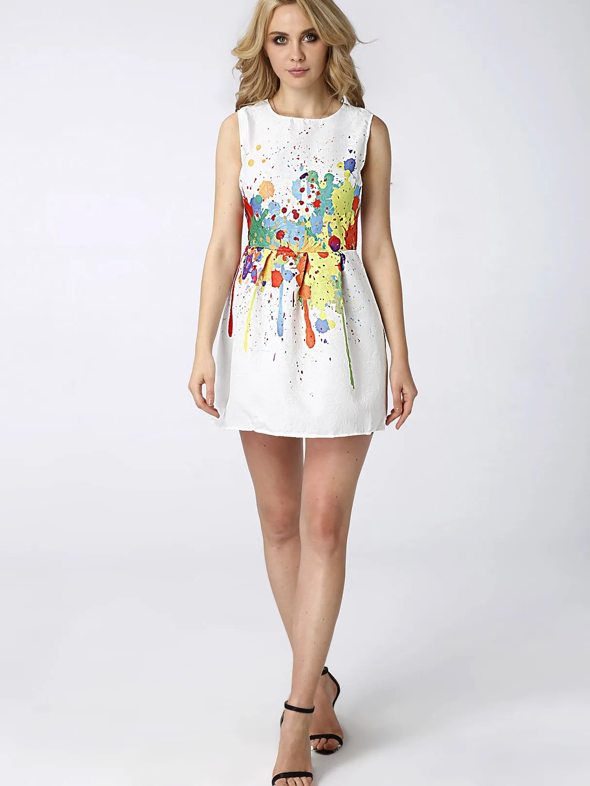 Wholesale Crew Neck Sleeveless Floral Print Zip Back Ruffle Hem Mini Dress