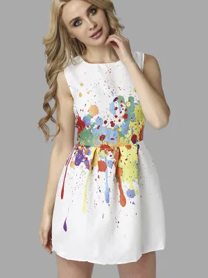 Wholesale Crew Neck Sleeveless Floral Print Zip Back Ruffle Hem Mini Dress