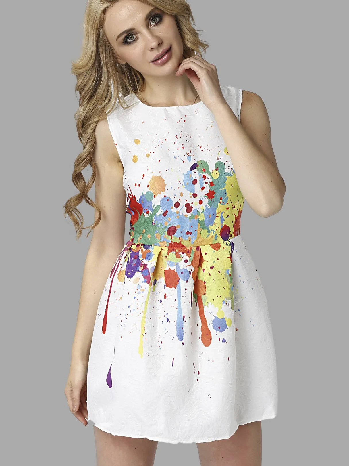 Wholesale Crew Neck Sleeveless Floral Print Zip Back Ruffle Hem Mini Dress