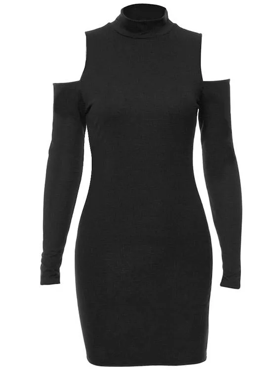 Wholesale High Neck Cold Shoulder Plain Long Sleeve Black Mini Dress