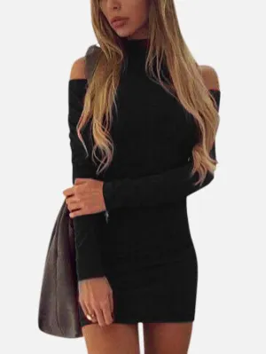 Wholesale High Neck Cold Shoulder Plain Long Sleeve Black Mini Dress
