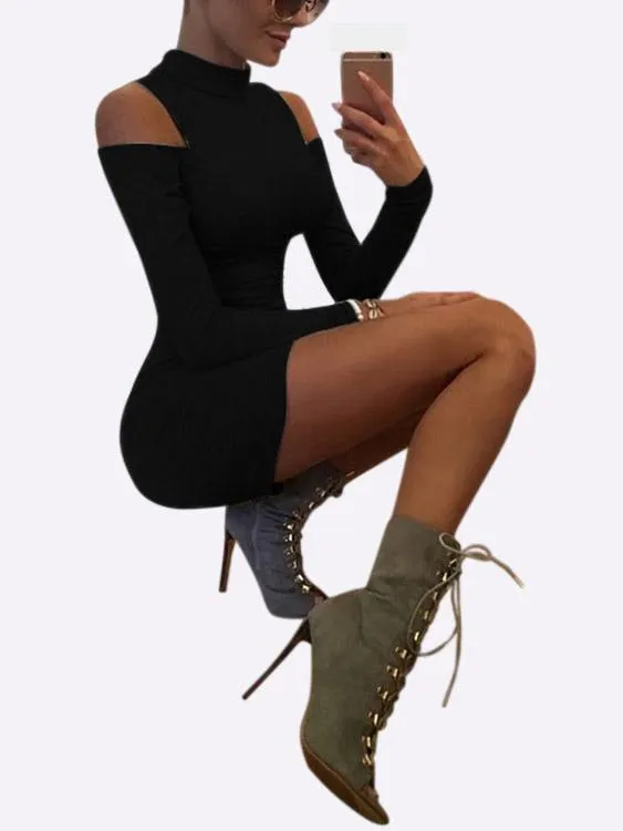 Wholesale High Neck Cold Shoulder Plain Long Sleeve Black Mini Dress