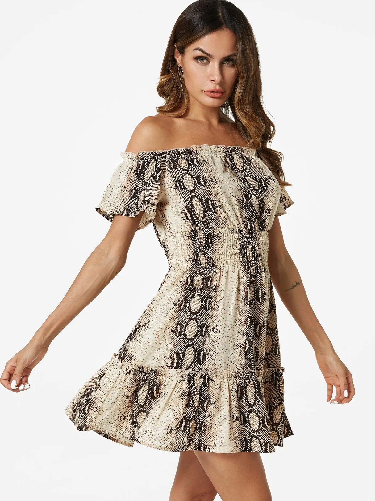 Wholesale Off The Shoulder Short Sleeve Snake Mini Dress