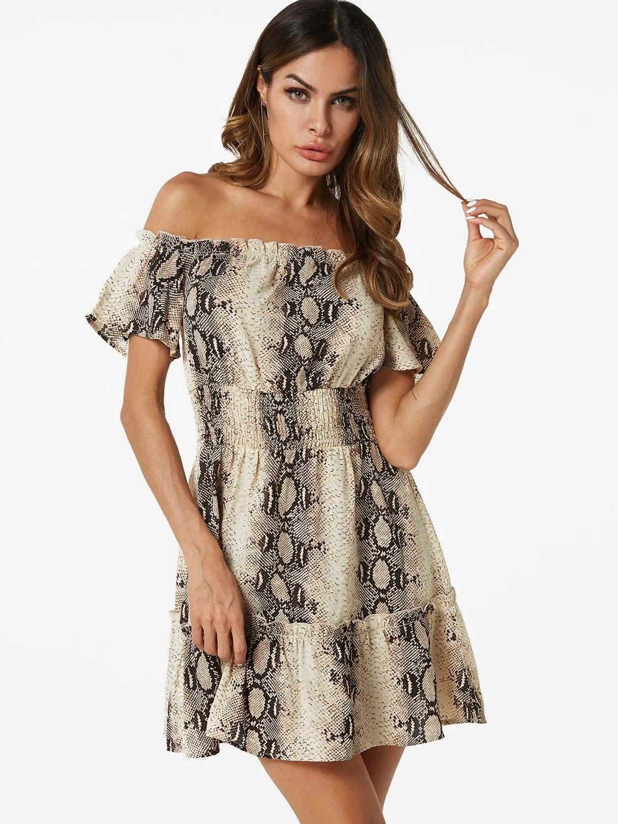 Wholesale Off The Shoulder Short Sleeve Snake Mini Dress