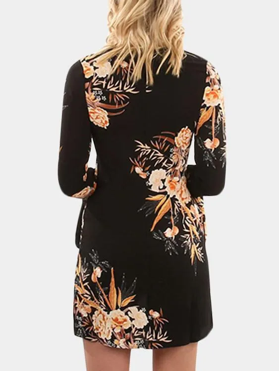 Wholesale Round Neck Long Sleeve Floral Print Mini Dresses