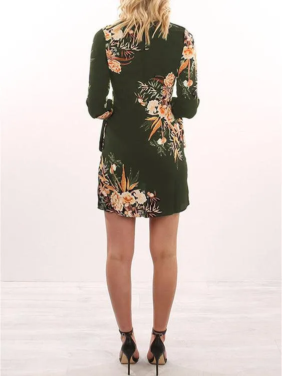 Wholesale Round Neck Long Sleeve Floral Print Mini Dresses