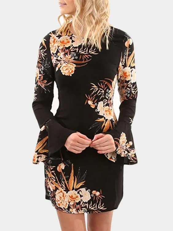 Wholesale Round Neck Long Sleeve Floral Print Mini Dresses