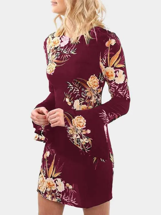 Wholesale Round Neck Long Sleeve Floral Print Mini Dresses