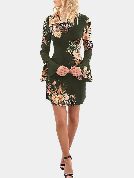 Wholesale Round Neck Long Sleeve Floral Print Mini Dresses