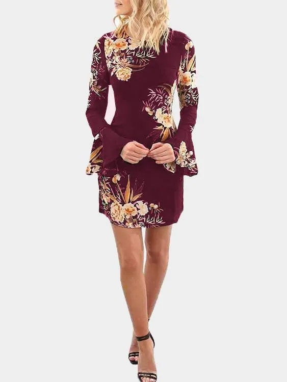 Wholesale Round Neck Long Sleeve Floral Print Mini Dresses