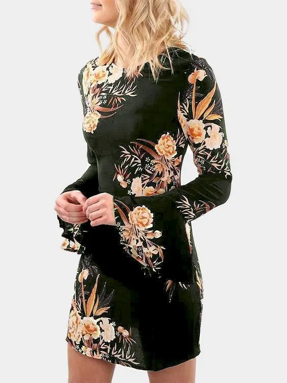 Wholesale Round Neck Long Sleeve Floral Print Mini Dresses