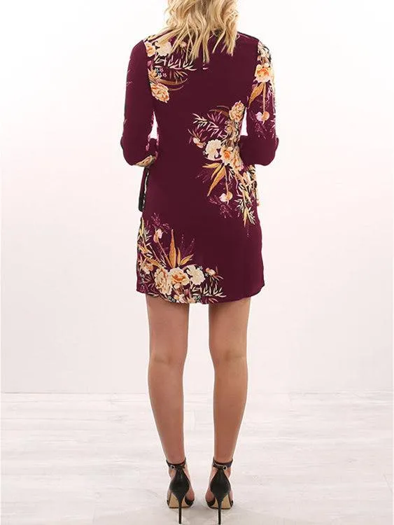 Wholesale Round Neck Long Sleeve Floral Print Mini Dresses