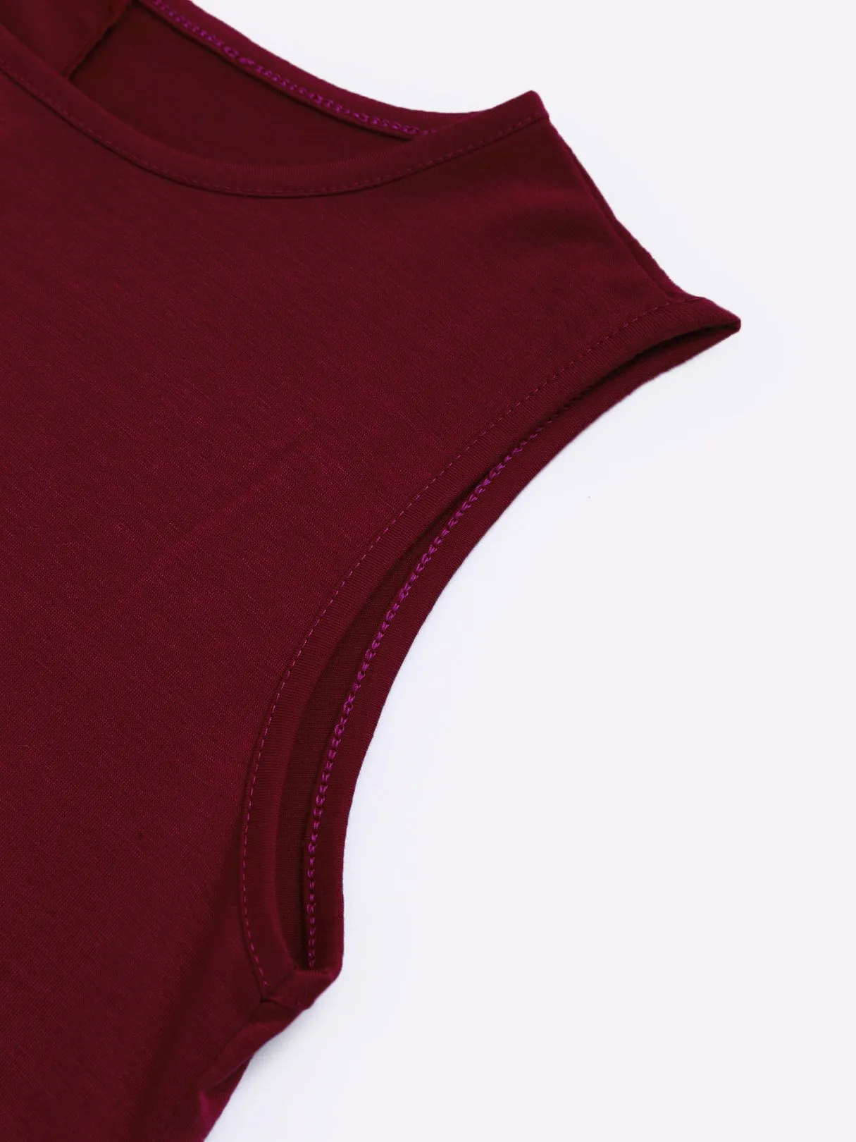 Wholesale Round Neck Plain Sleeveless Flounced Hem Burgundy Mini Dress