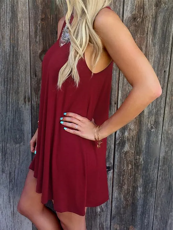 Wholesale Round Neck Plain Sleeveless Flounced Hem Burgundy Mini Dress